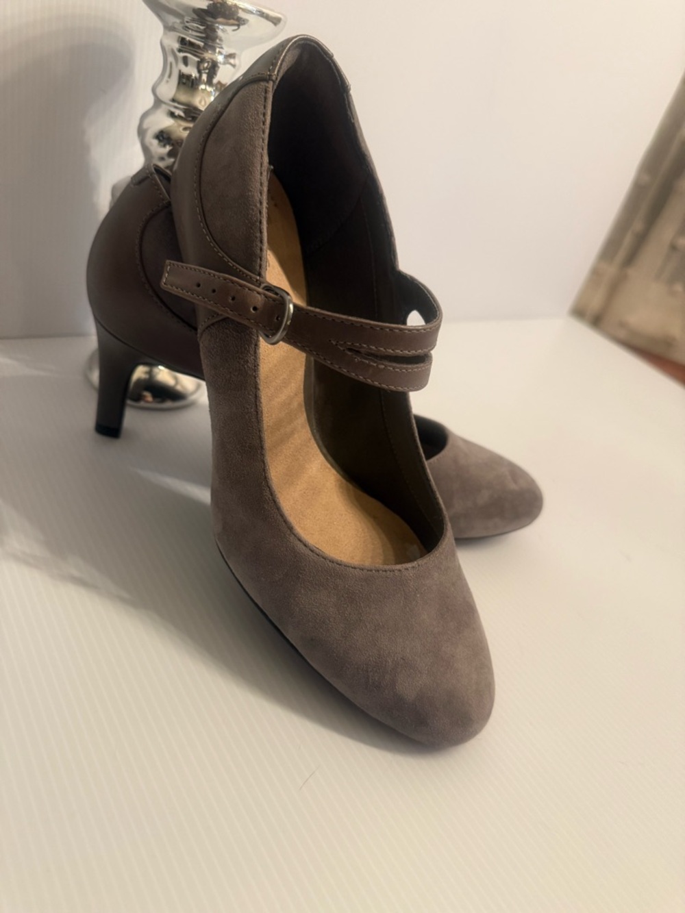 Clarks Gray Suede Mary Jane Heels